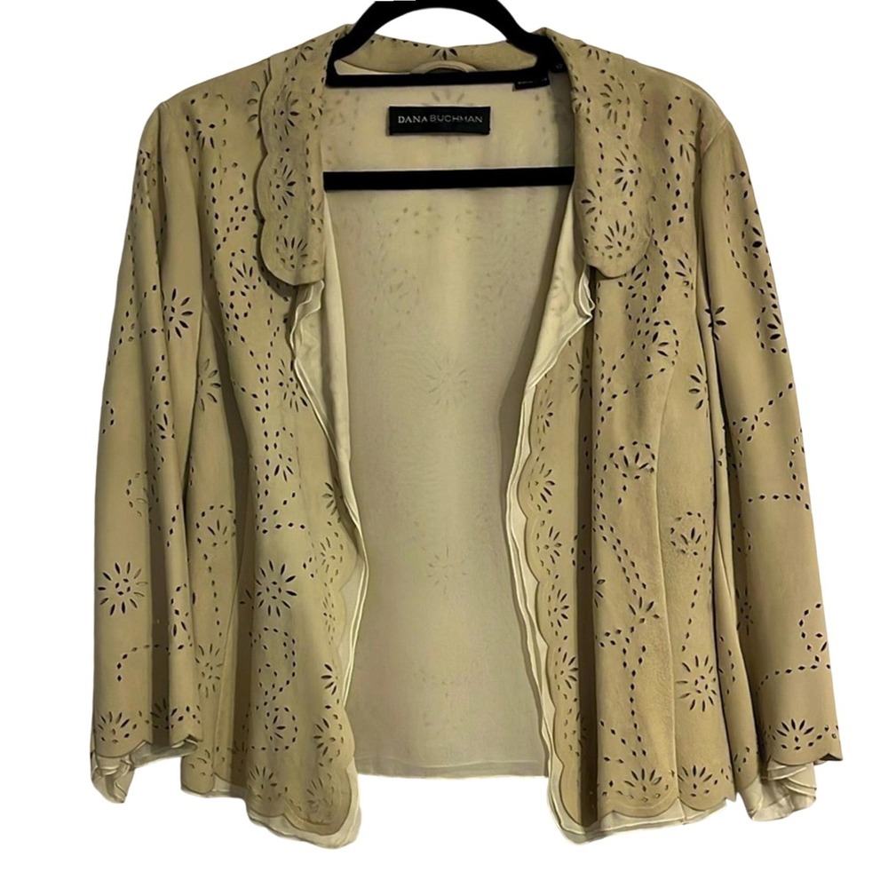 Dana Buchman Suede Beige Blazer Silk-Lined Suit Jacket Feminine Cardigan Style